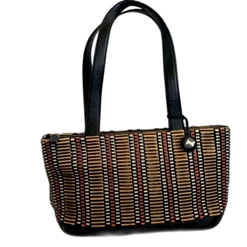 Monsac Women's Black Orange-Red Tan Woven Leather Zip-Top Shoulder Bag